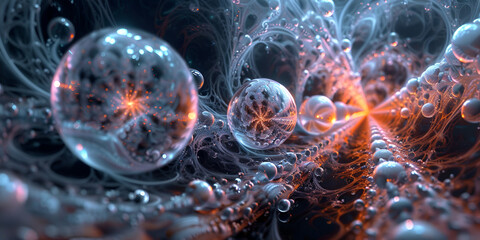 Abstract fractal spheres in a sci-fi digital universe, representing quantum physics and the complexity of subatomic particles.
