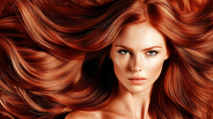 Naklejka premium hair dye packaging image featuring a woman with well-groomed, wavy copper red hair. Her hair should appear smooth, glossy, and voluminous, with rich copper tones