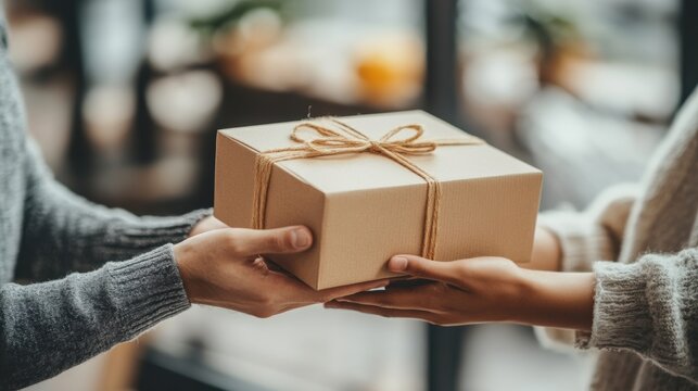 Customer accepting a package from a courier, close-up on hands, showcasing logistics and delivery service. Clean and clear background.