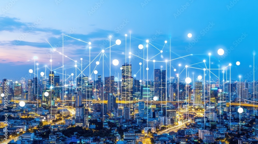 Poster A Connected Cityscape with Intertwined Lines and Illuminated Circles