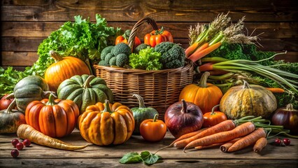 Pumpkins and corn displayed on table with wheat growing in background