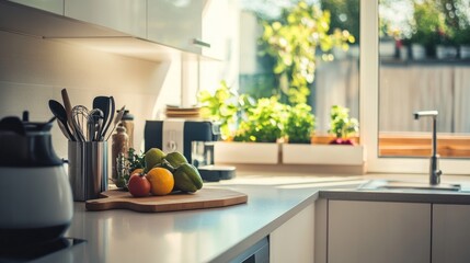 simple kitchen interior design with modern appliances and modern furniture, neon colors generative ai