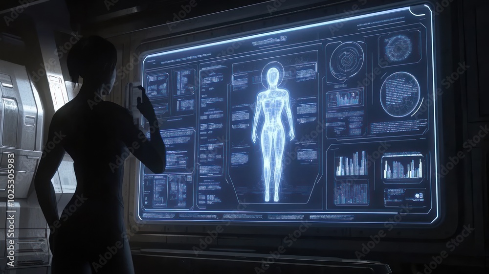 Poster a futuristic silhouette of a person examining a digital scan of a human body displayed on a large sc