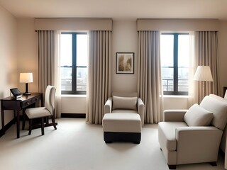 modern living room interior with sofa, curtains and artwork on the wall