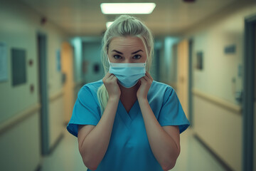 Healthcare worker in blue scrubs prepares for duty in a hospital corridor