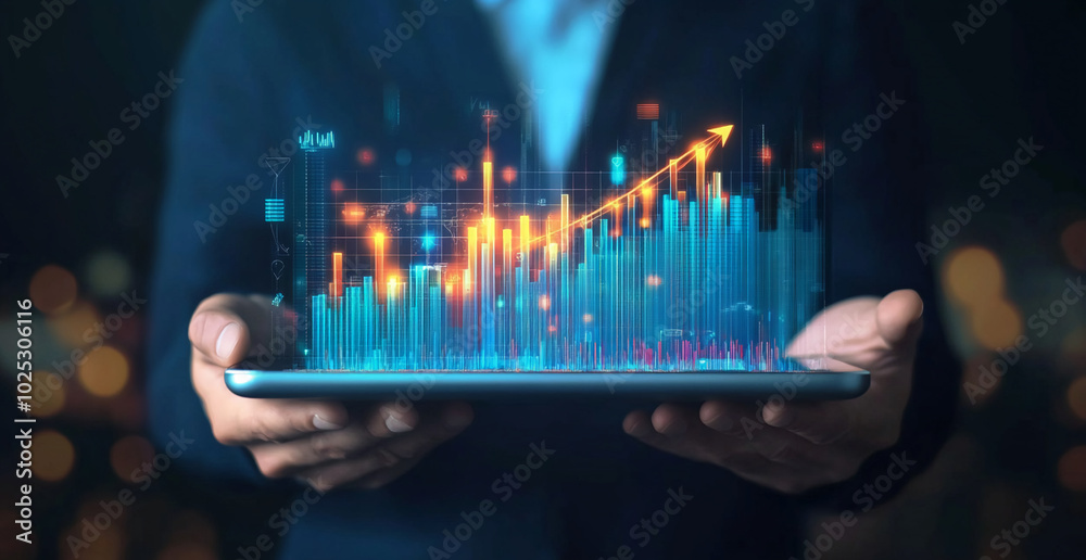 Poster a person holds a tablet displaying an upward-trending graph, indicating growth and success in busine