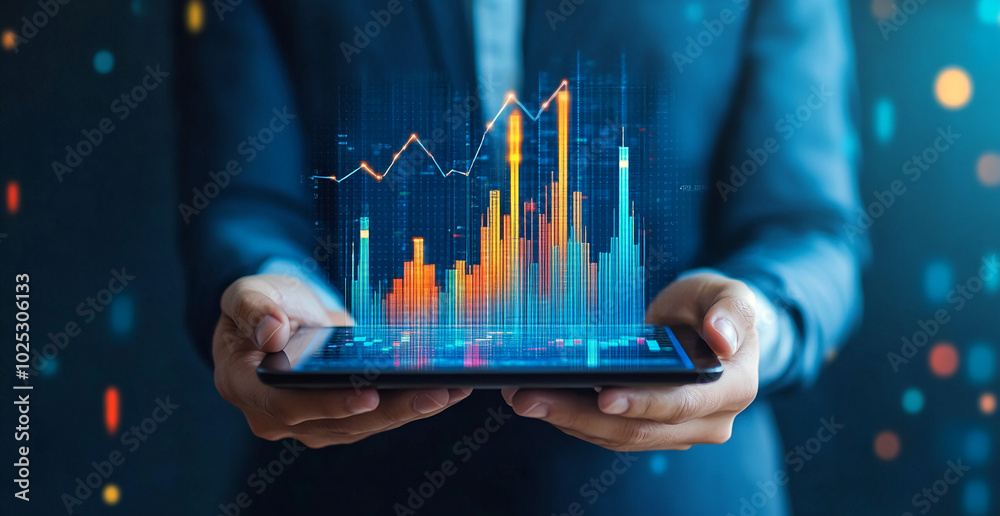 Aufkleber a person holds a tablet displaying a financial chart with an upward trend, symbolizing growth and su