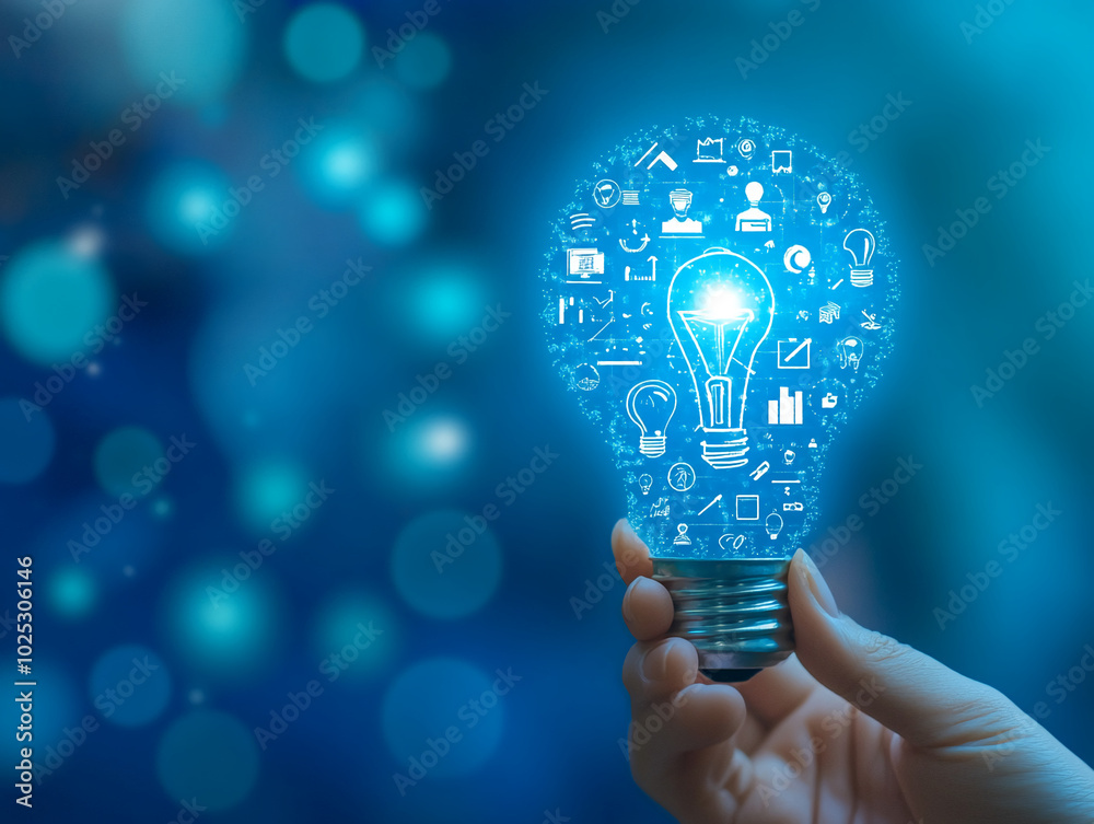Poster A hand holds a lightbulb with a bright light and small icons around it against a blue bokeh background
