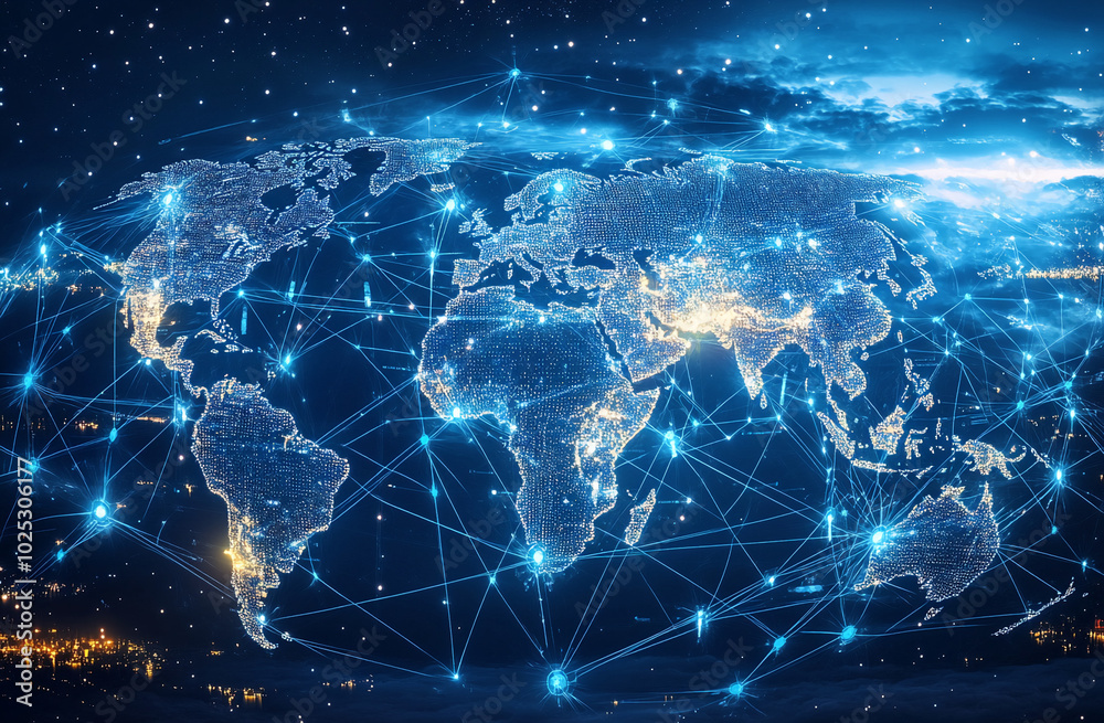 Poster A digital rendering of a world map with blue lines connecting different points on the map.

