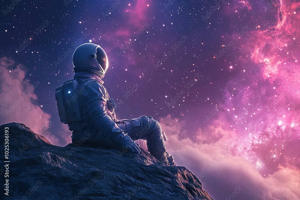 Poster an astronaut in a white spacesuit and helmet sits on a rock on an asteroid and admires the colorful 