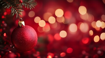 Fototapeta premium Beautiful Red Christmas Ornament Hanging on a Tree with Lights