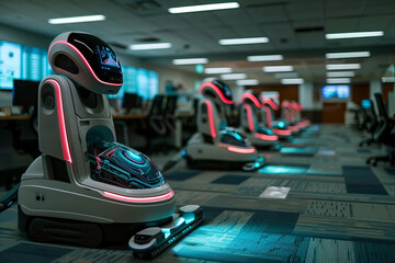 Title: Robotic Janitors with AI-Powered Vacuum Cleaners Clean Carpets with Real-Time Stain Removal Data Displayed on Holographic Screens in a High-Tech World