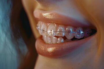 Obraz premium Woman is smiling, showing her teeth with braces, highlighting the concept of orthodontic treatment and dental care