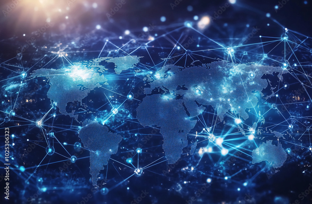 Poster A blue world map with connecting lines represents global communication and connection
