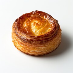 Fototapeta premium A single round kouign-amann displayed on a pure white, minimal backdrop. A perfectly round kouign-amann is elegantly showcased on a clean white surface.