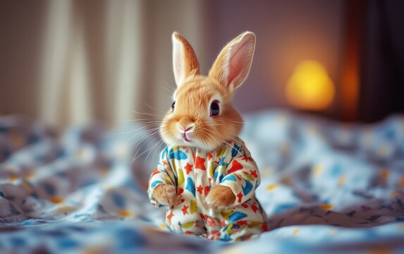 Little bunny in a colorful pajamas on the bed, big funny eyes, close-up, hyper-realistic photograph, digital art, Igor Kerylyuk, in a beautiful pajamas,