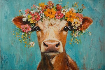 acrylic painting portrait adorable brown cow with flowers crown on head on blue background