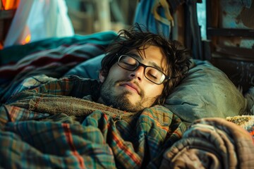 Obraz premium Young hipster artist sleeping peacefully in his van