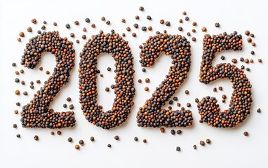The numbers "2025" arranged with whole black peppercorns scattered on a pure white background