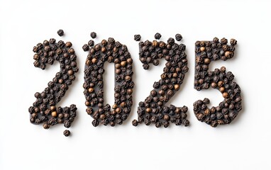 The numbers "2025" arranged with whole black peppercorns scattered on a pure white background