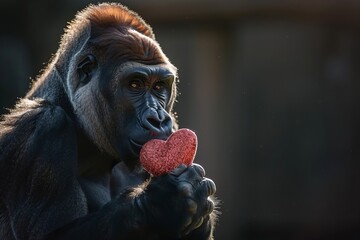 Obraz premium Gorilla expressing love with heart in hand against dark backdrop on Valentine's Day