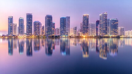 Fototapeta premium illuminated buildings reflecting in the water generative ai