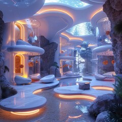 A surreal hotel with floating rooms and holographic decor, in a luminous landscape