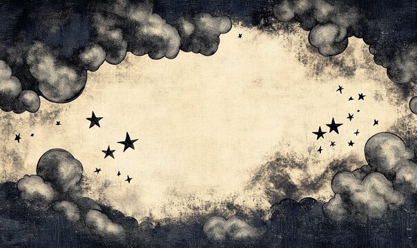 Doodles of clouds and stars in black ink against a textured background celebrating imagination and creativity during an artistic session