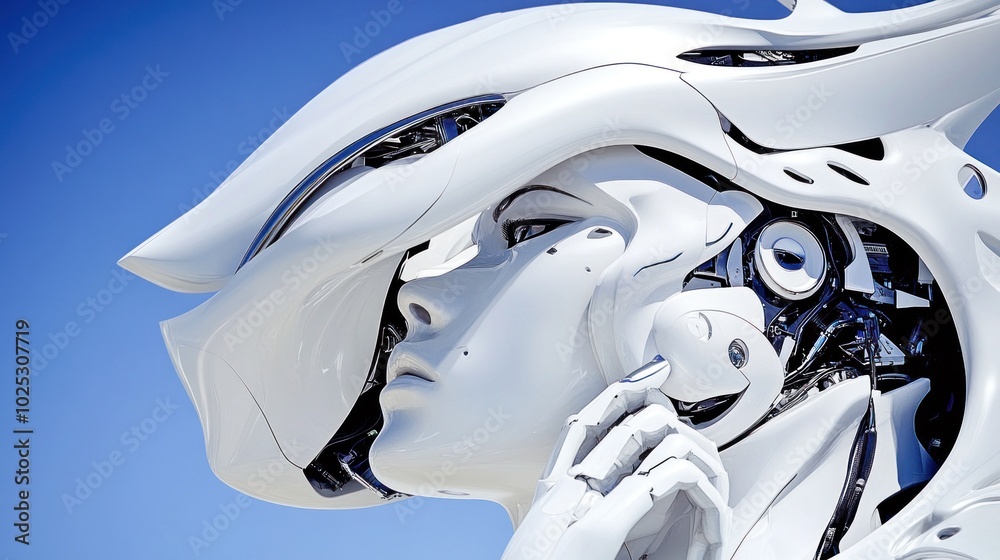 Poster White Robot Head with Exposed Wiring and Mechanical Components