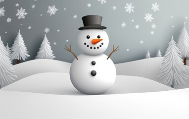 Fototapeta premium A 3D snowman with a carrot nose and button eyes, standing proudly in a serene winter landscape.
