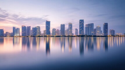 Fototapeta premium illuminated buildings reflecting in the water generative ai