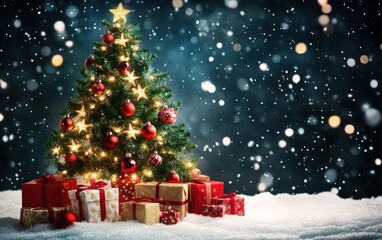 Fototapeta premium A beautifully lit Christmas tree decorated with red, gold, and silver ornaments, surrounded by wrapped presents in festive paper, with soft snow falling in the background 