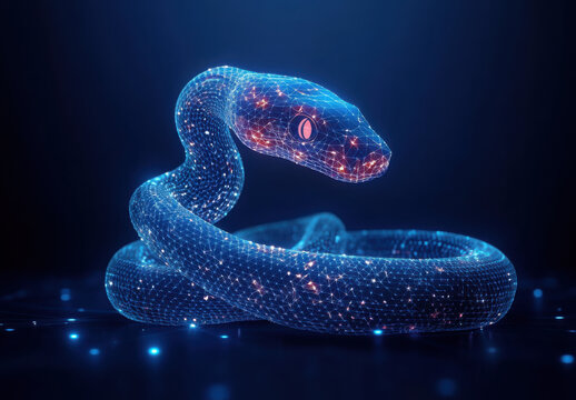 Abstract digital snake illustration on a dark blue background. Futuristic low poly style design. Symbol of 2025 year.
