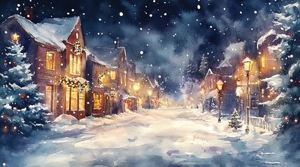 Obraz premium Peaceful Watercolor Christmas Scene in Snow