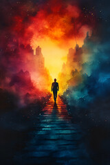 Obraz premium A man walks down a path in a city with a bright orange sky in the background