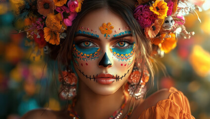 Dia de los Muertos, Mexican holiday. a beautiful woman with day of the dead face art, full body portrait, flowers in hair, blue and red roses, digital painting, vibrant colors, fantasy cinematic backg