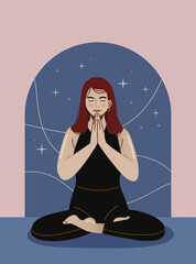 Woman sitting in yoga pose with simple cosmic background. Young woman practicing yoga. Workout and meditation. Wellness concept.