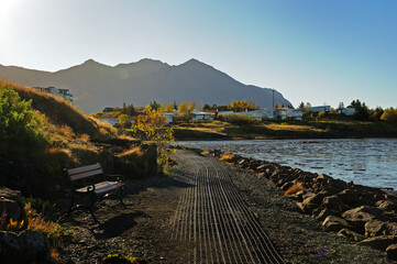 A walkway in the scenic village of Borgarnes, Iceland