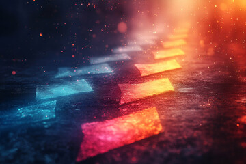 A colorful image of a road with a series of arrows