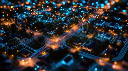 Fototapeta premium A vibrant aerial view of a city at night, showcasing illuminated streets and buildings, creating a captivating urban landscape.