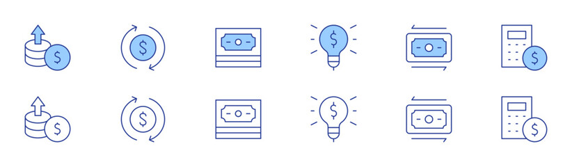 Fototapeta premium Money icon set in two styles, Duotone and Thin Line style. Editable stroke. light bulb, increase, money transfer, calculator, money, currency