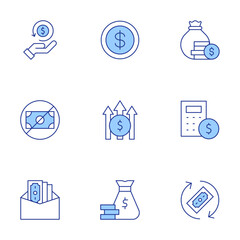 Money icons set. Line Duotone style, editable stroke. profit, money, money bag, no money, cashback, bribe, calculator, monitor