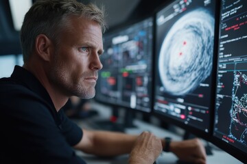 A focused meteorologist examines computer monitors displaying intricate weather patterns, using technology to analyze and predict atmospheric changes around the globe.