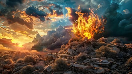 Burning bush on desert mountain