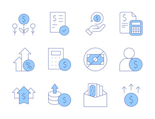 Money icons. Line Duotone style, editable stroke. investment, arrows, income, increase, calculator, bank check, employee, no money, cashback, bribe