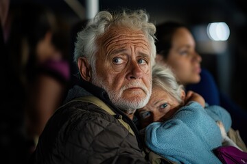 An elderly man and woman sit closely together, depicting a moment of unity and comfort amid uncertainty, reflecting resilience and warmth despite challenging circumstances.