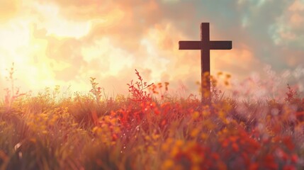 Autumn sunrise over a meadow with a cross in the foreground, evoking the calm and reverence of Ascension Day.