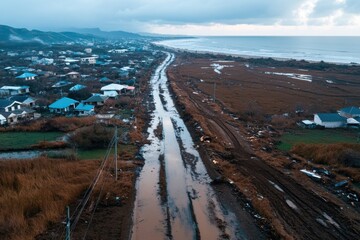 An aerial view showcases a muddy path cutting through a desolate landscape near the coast, highlighting the stark beauty and isolation of a post-storm terrain.