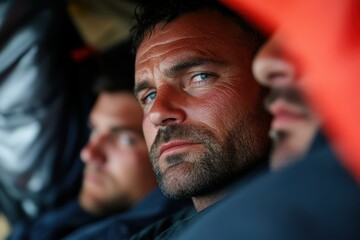 A man with an intense gaze is seated closely among friends, showing determination and focus, captured in a tightly framed, dramatic photograph under low light conditions.