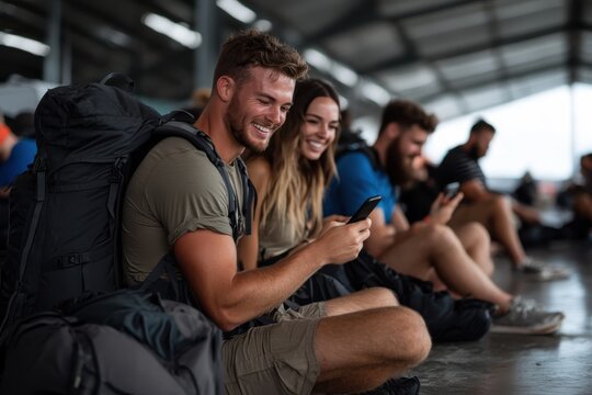 Young backpackers sit in a row at an airport terminal, happily checking their smartphones. Their large backpacks reveal they are journeying through a bustling atmosphere.
